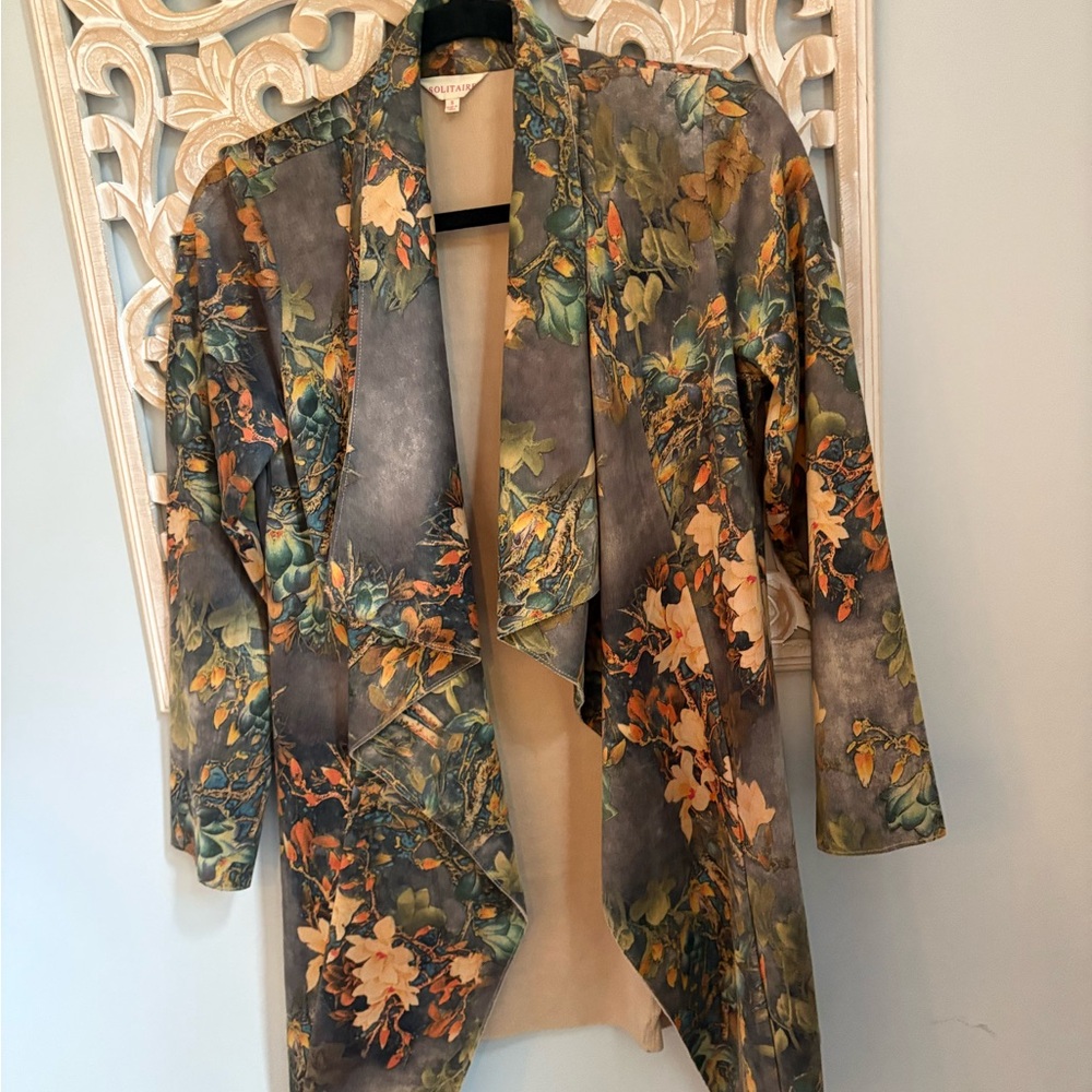 Solitaire by Anthropologie Faux Suede  Multicolor Floral Jacket
